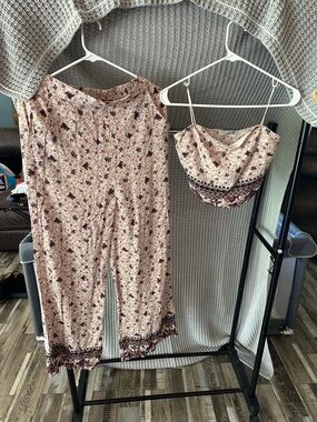 Paper Crane Pink Floral Wide Leg Pants and Matching Crop Top Set